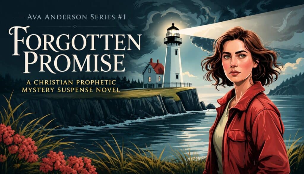 image of Ava Anderson and lighthouse with fog in Forgotten Promise, A Christian Prophetic Supernatural Fiction Book