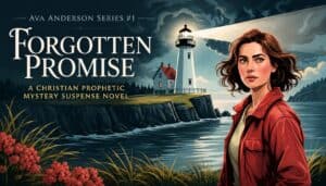 image of Ava Anderson and lighthouse with fog in Forgotten Promise, A Christian Prophetic Supernatural Fiction Book
